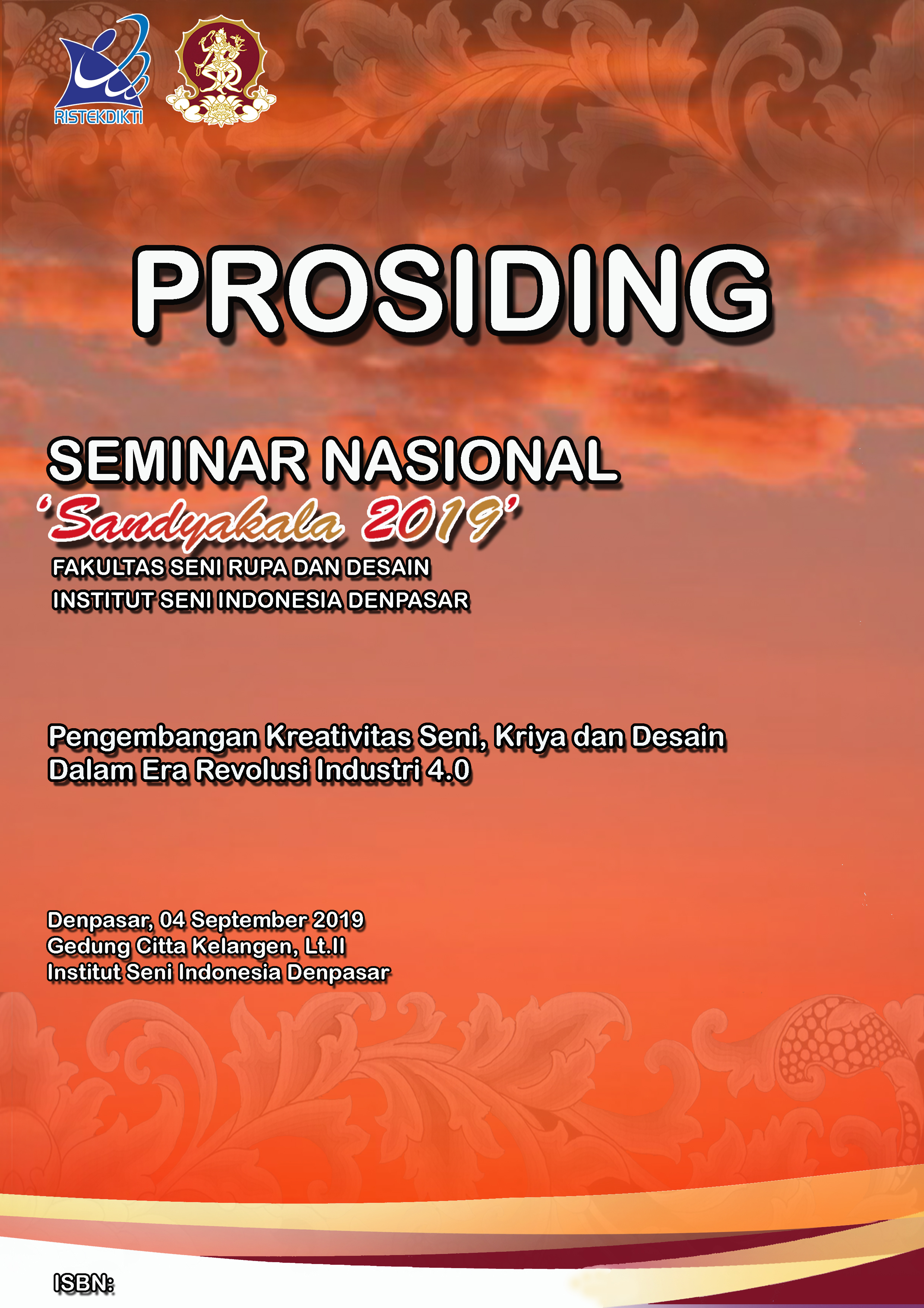 Seminar Nasional Seni, Kriya dan Desain (Sandyakala) 2019 ini merupakan rangkaian seminar nasional tahunan yang diselenggarakan oleh Fakultas Seni Rupa dan Desain, Institut Seni Indonesia Denpasar. Kelanjutan pelaksanaan Seminar Nasional pada tahun 2019 ini, dimulai dengan mengambil nama ‘Sandyakala’ karena merupakan sebuah kata yang penuh makna. Sandyakala mengandung arti ‘pertemuan waktu’ yakni memiliki makna perpaduan kekuatan besar yang berbeda dalam sebuah pertemuan ilmiah, sehingga diharapkan dapat menjadi sebuah kesatuan dalam landasan berpikir untuk melangkah lebih baik dalam proses berkehidupan menuju pada tahapan selanjutnya